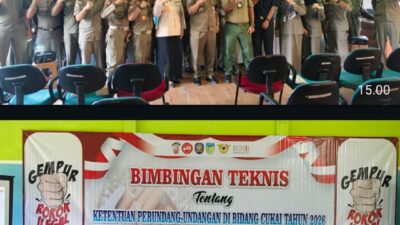 Puluhan Anggota Satpol PP Kabupaten Kediri bidang Ketentraman dan Ketertiban Umum (Trantib) mendapat pembekalan Bimbingan Teknis tentang Ketentuan Perundang Undangan di Bidang Cukai tahun 2026.